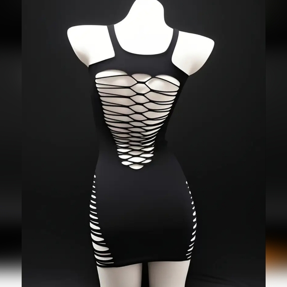 Black Stretchy Bodystocking Mini Dress W/Crazy Slash Style Cut Outs (OS) - Picture 10 of 16